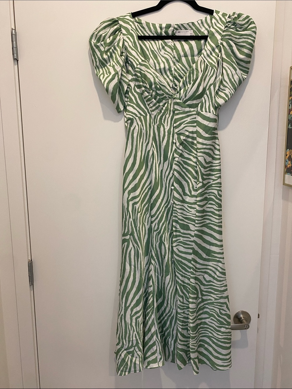 ASOS Green and White Zebra-Print Puff Sleeve Maxi Dress